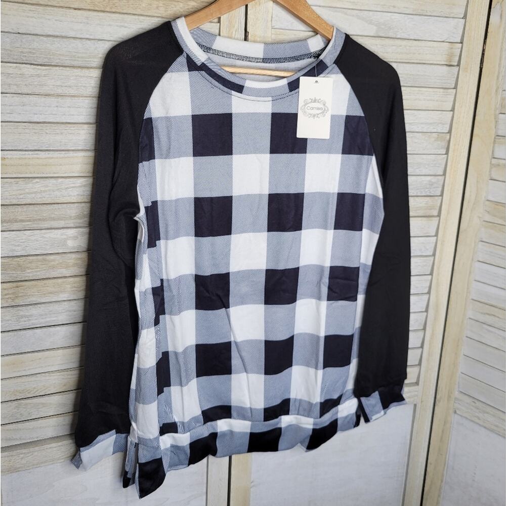 New Plaid Baseball Tee Black White Womens Size Medium Crewneck Shirt Casimo